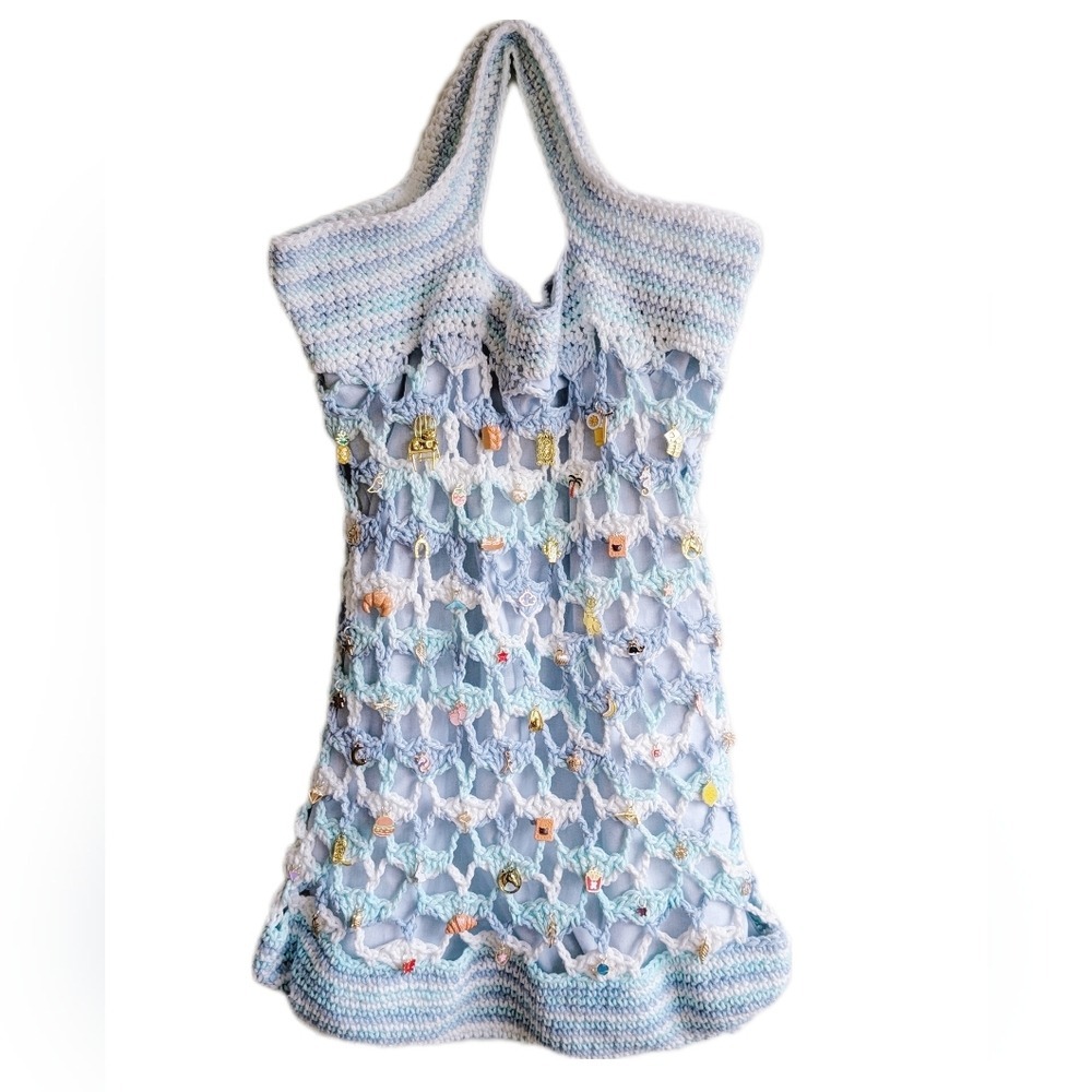 Hand-Made VTG Y2K Whimsical Trinket Charmed Pastel Blue Crochet Large Tote Bag